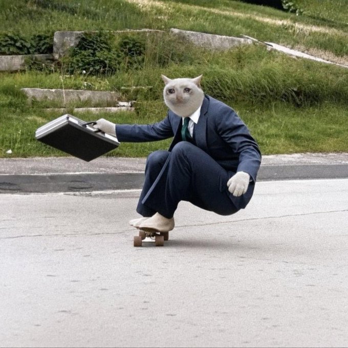 The image shows a surreal composite of a white cat's head photoshopped onto a businessman in a dark suit riding a skateboard while carrying a briefcase, visually representing the "Cash Cat" meme. This humorously illustrates the post's excitement about "$CASHCAT" being listed on Robinhood, with the comically absurd "cash cat" figure embodying the playful, meme-driven nature of the stock.