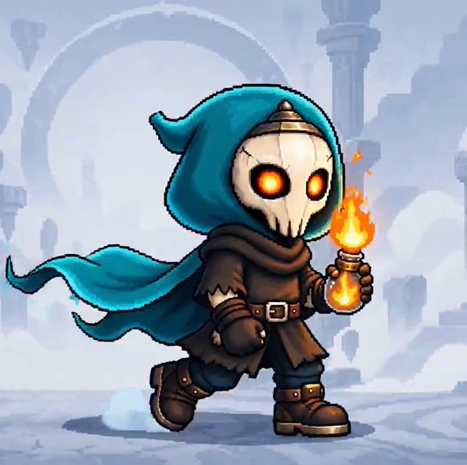A chibi-style 2D game character wearing a teal hooded cloak and a bone mask with glowing orange eyes runs forward while holding a flaming torch.