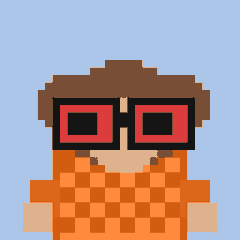 A pixel art illustration depicts a person wearing large black glasses with red lenses and an orange patterned shirt.