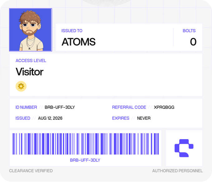 A digital ID card issued to "ATOMS" with Visitor access level, ID number BRB-UFF-3DLY, referral code XPRQBGG, and 0 bolts, which appears to be a referral ID for the BitRobot Network platform mentioned in the post.