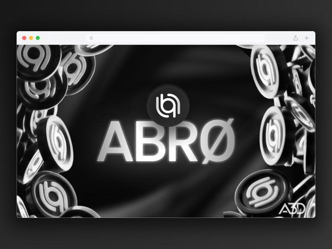 A computer browser window displaying the 'ABRØ' logo surrounded by metallic coins with a logo on them.