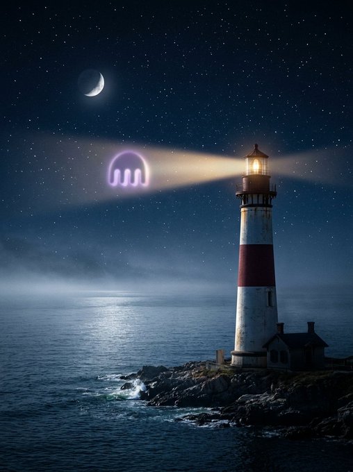 A digital artwork of a red and white lighthouse on a rocky shore at night, with its beam illuminating a glowing purple ghost-like shape against a starry sky with a crescent moon.