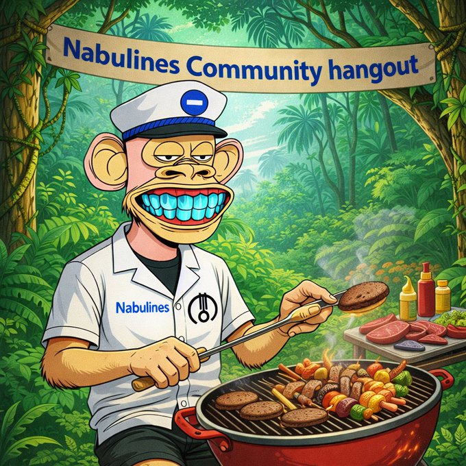 The image features a cartoon monkey wearing a chef's hat, holding a spatula over a grill filled with food items such as hamburgers and hot dogs. The background of the image includes trees, suggesting that this cookout takes place outdoors. The caption "Good Morning Everyone ⃤ if you’re a Real One you should join us in our cookouts so come on and grab a plate" is related to the post about community hangouts, indicating that the cartoon monkey might be promoting an event or gathering where people can enjoy outdoor cooking and socializing.