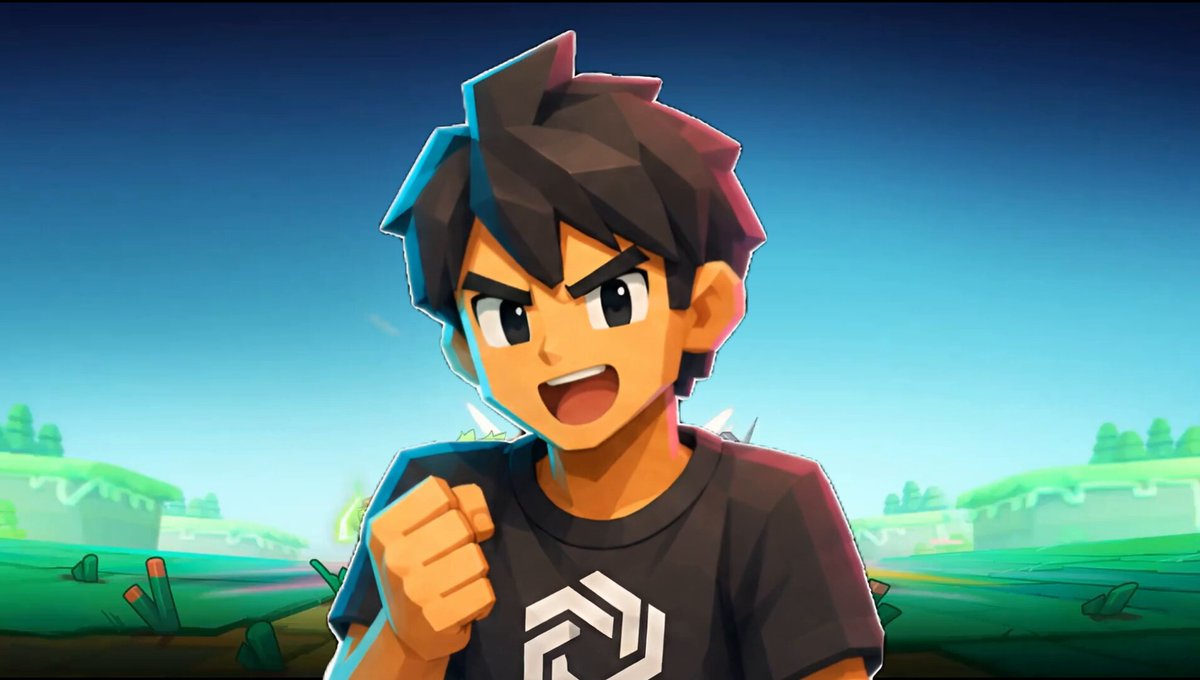 The image features a cartoon boy with a big smile on his face, wearing a black shirt. He has his fist raised in victory or triumph. The background of the image shows a blue sky with green hills, suggesting that they are in an open area like a park or field. There is also text in the image that reads "40,000 VOXEL Points prize pool on the line! Extreme & Titan Arena Tournament #3 is LIVE!!! @VoxieTactics @Immutable @0xPolygon This is your chance to prove your skills, rise through the ranks, and compete against some of the best players in the VOXIE Tactics community". The boy's victory pose and the context provided by the image suggest that he has won a significant amount of points or achieved something great.