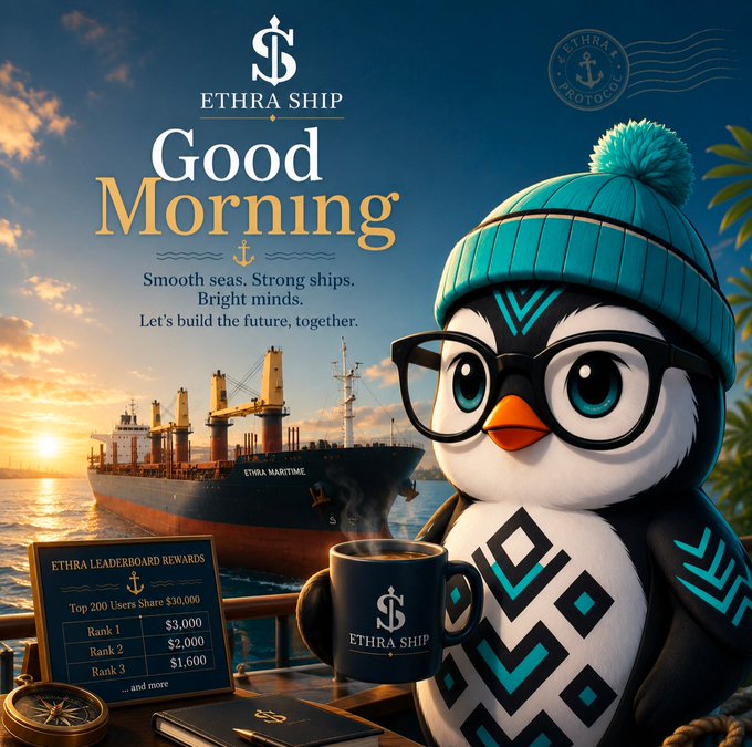 A promotional graphic for 'ETHRA SHIP' featuring a cartoon penguin wearing glasses and a winter hat holding a branded mug, with text 'Good Morning', 'Smooth seas. Strong ships. Bright minds.', a leaderboard showing rewards like 'Rank 1 $3,000', and a cargo ship in the background.