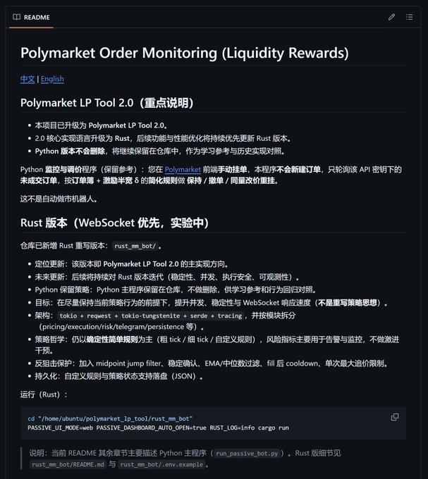 The image shows a GitHub README for "Polymarket Order Monitoring (Liquidity Rewards)" featuring a "Polymarket LP Tool 2.0" with a Rust version called "rust_mm_bot" that supports WebSocket, custom tick sizes, and risk management features like midpoint jump filters and cooldowns.

The README displays Chinese text explaining the tool, with visible commands including `cd /home/ubuntu/polymarket_lp_tool/rust_mm_bot/` and `PASSIVE_UI_MODE=web PASSIVE_DASHBOARD_AUTO_OPEN=true RUST_LOG=info cargo run`, directly relating to the post about using Grok Bot to discover an automated passive income bot for tracking and adjusting limit orders on Polymarket.