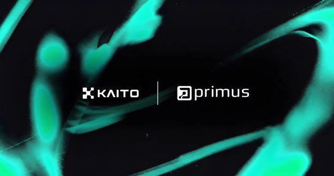 A digital graphic displays the logos for 'KAITO' and 'primus' side by side against a dark background with abstract teal light streaks.