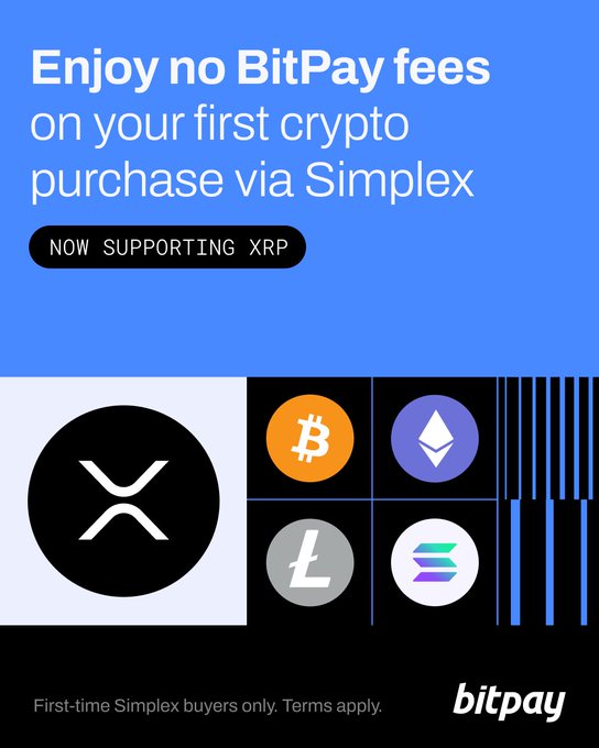 A promotional graphic with a blue top half advertises 'Enjoy no BitPay fees on your first crypto purchase via Simplex' with a black pill-shaped badge reading 'NOW SUPPORTING XRP', while the bottom half shows logos for XRP, Bitcoin, Ethereum, Litecoin, and Solana on a black background alongside the 'bitpay' logo.