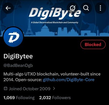 The image shows a blocked Twitter/X profile for "DigiBytee" (@BadBeanDgb), displaying 2,032 followers and a bio promoting a multi-algo UTXO blockchain with open-source code on GitHub. The accompanying post warns that this account is being used by a scammer selling fraudulent mining services through the site DGBpool.com, urging followers to report and block the account.