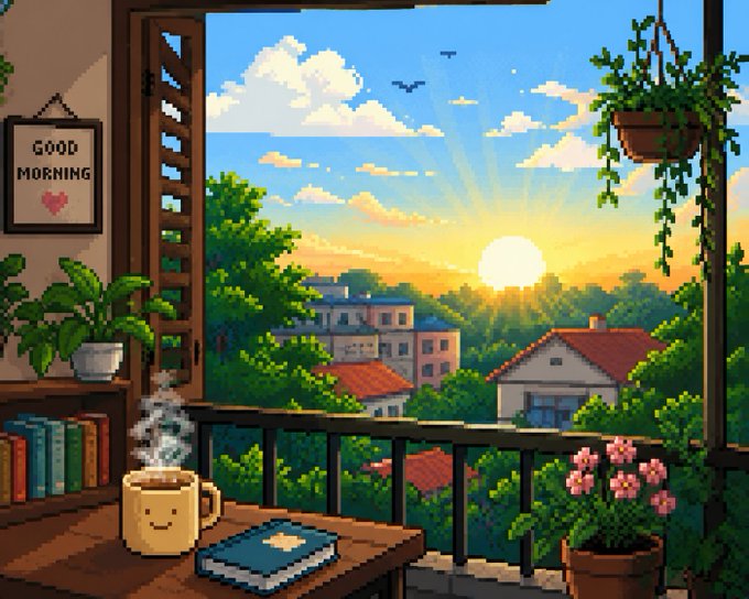 Pixel art scene depicting a cozy balcony view at sunrise/sunset, featuring a smiling steaming mug, a 'GOOD MORNING' sign, books, potted plants, and a view of houses and trees.