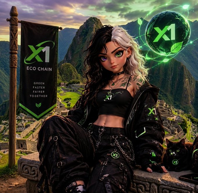 Anime-style character art for a brand called 'X1 ECO CHAIN' with the tagline 'GREEN FASTER FAIRER TOGETHER'. The illustration shows a girl with half-black, half-white hair in dark clothing, with a glowing green X1 logo, Machu Picchu in the background, and a black cat.