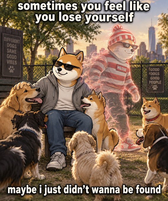Meme image showing a Shiba Inu dog wearing sunglasses and a hoodie sitting on a bench surrounded by dogs, with text reading 'sometimes you feel like you lose yourself' at the top and 'maybe i just didn't wanna be found' at the bottom.