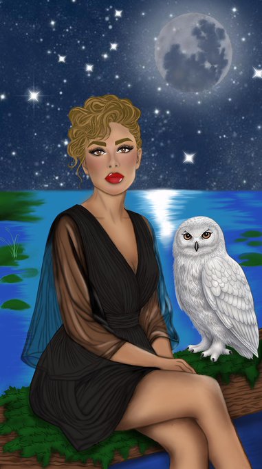 A stylish digital illustration depicts a glamorous woman with curly blonde hair, red lipstick, and a sheer black dress, sitting beside a white snowy owl under a starry night sky with a full moon and a glowing pond. The artwork aligns with the post's theme of supporting artists and seeking a collector on TransientLabs, showcasing a piece of crypto/NFT art the creator is offering for sale.