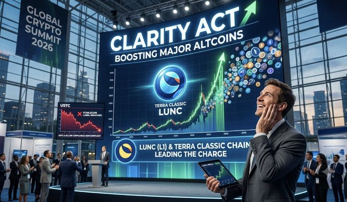 A Global Crypto Summit 2026 display promoting the 'Clarity Act' boosting altcoins, with 'Terra Classic LUNC' featured prominently and the headline 'LUNC (L) & Terra Classic Chain Leading the Charge'.