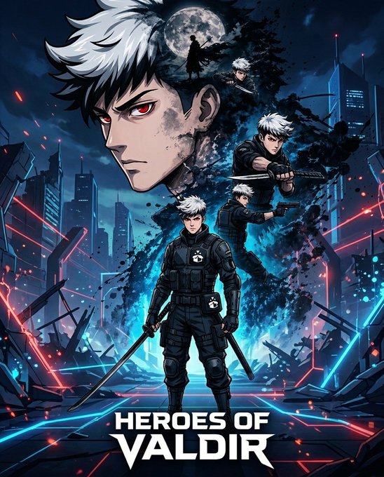 ers of Heroes of Valir poster features a man with white hair and blue eyes, holding a sword against a city skyline backdrop.