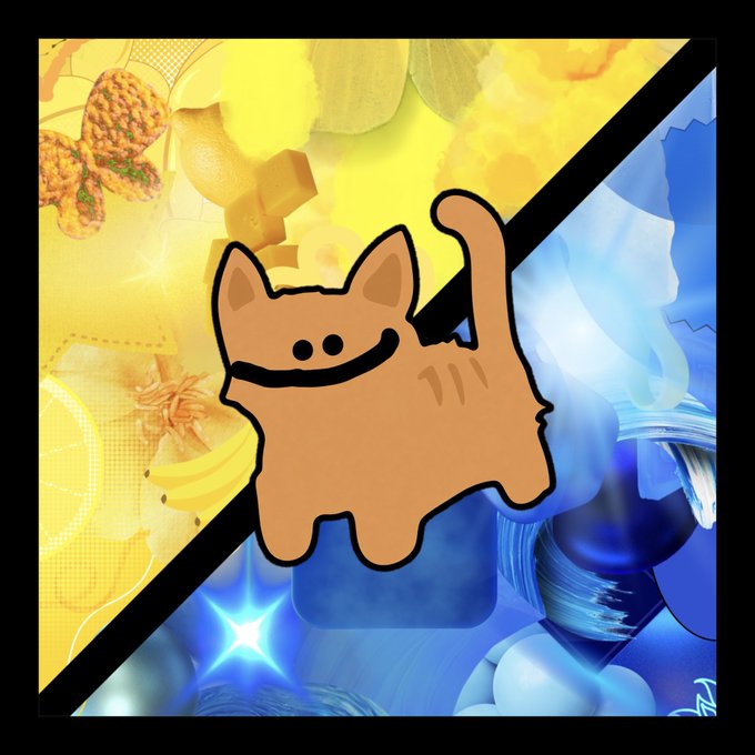 A smiling cartoon cat illustration overlaid on a diagonally split background with food items and blue abstract imagery.