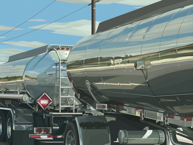 A digital artwork of two large, polished chrome tanker trucks under a partly cloudy sky, with a hazard placard visible on the smaller rear tank. The illustration showcases the reflective metallic surfaces and industrial scale of the tanker trailers, fitting the upcoming "Tanker" 24hr auction.