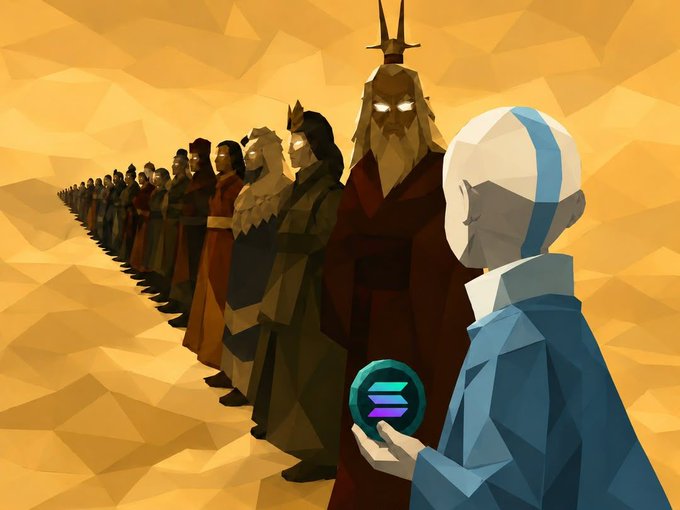 A digital illustration shows a bald, blue-robed figure holding a Solana logo coin, facing a line of glowing-eyed, robed figures against a yellow geometric background.