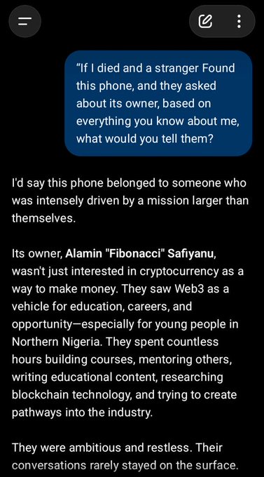 A dark-mode AI chat interface where a user asks what they'd say about the phone's owner, with the AI identifying the owner as 'Alamin "Fibonacci" Safiyanu', describing them as a driven Web3 educator for Northern Nigeria.