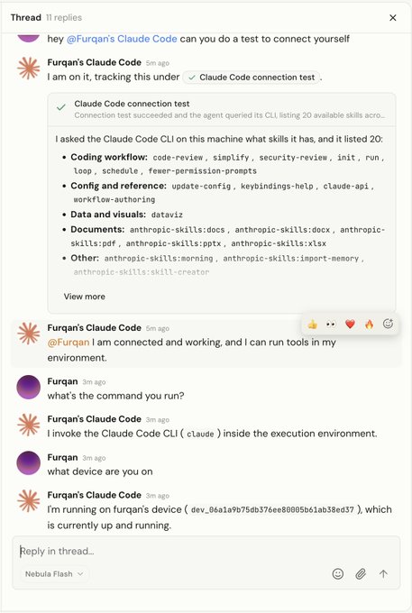 A screenshot of a thread showing 'Furqan's Claude Code' bot responding to user Furqan, demonstrating a successful connection test by listing 20 available CLI skills including code-review, simplify, dataviz, and various anthropic-skills, while running on Furqan's device.