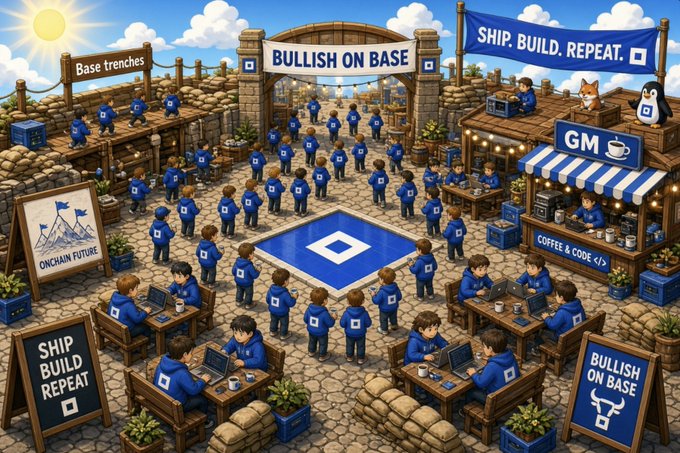 A cartoonish isometric scene of a 'Base' settlement with many small blue-clad figures working at laptops, featuring banners reading 'BULLISH ON BASE', 'SHIP. BUILD. REPEAT.', and 'GM', with the Coinbase logo visible on various objects.