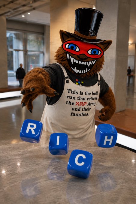 A costumed bull mascot wearing a top hat and a shirt reading "This is the bull run that retires the XRP Army and their families" stands behind a table displaying blue letter cubes spelling "RICH." The image playfully visualizes the post's message about an anticipated XRP bull run that would bring lasting financial prosperity, with the mascot and "RICH" blocks symbolizing wealth and generational wealth for XRP holders.