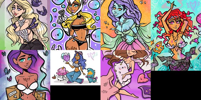 A collage of colorful cartoon illustrations shows various fantasy female characters, including mermaids, witches, and stylized pin-ups, drawn in a vibrant comic-art style.