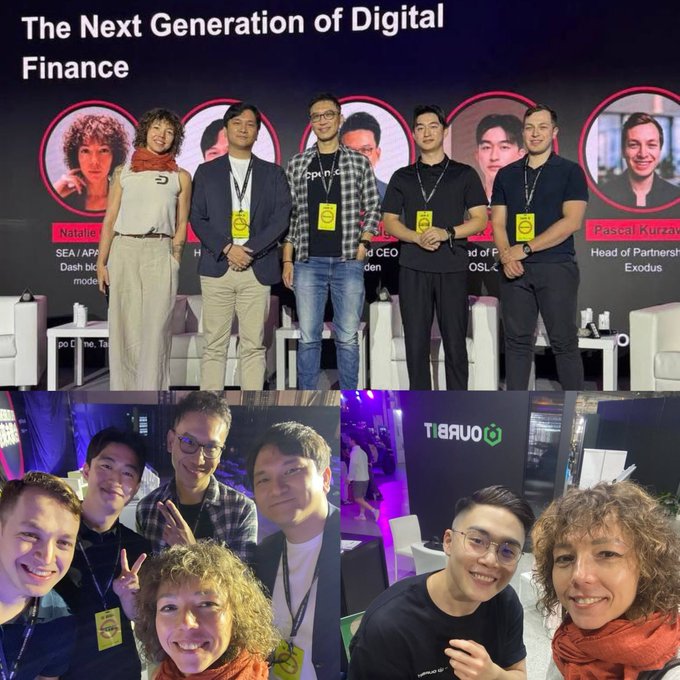 A collage of photos from an event titled 'The Next Generation of Digital Finance' shows a panel of speakers on stage and attendees taking selfies, including people identified as Natalie (SEA/APAC Dash blockchain moderator) and Pascal Kurzawa (Head of Partnerships, Exodus).