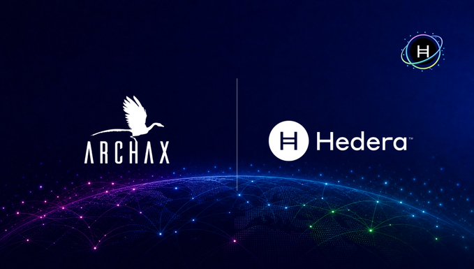 A promotional graphic displays the logos for ARCHAX and Hedera side by side against a dark blue background featuring a glowing digital globe.