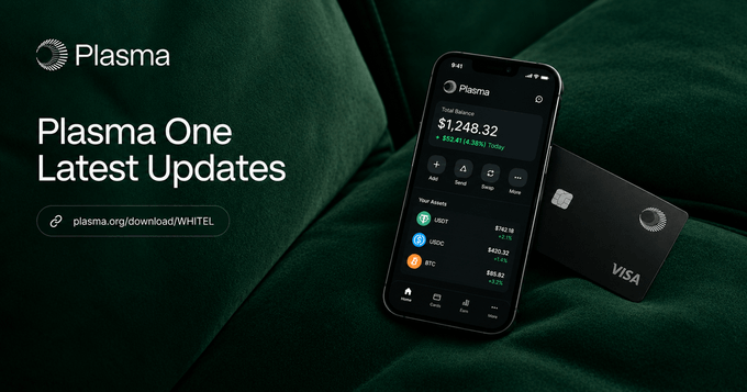 A promotional graphic for Plasma titled 'Plasma One Latest Updates' showing a smartphone with a $1,248.32 crypto balance and a Visa card resting on dark green fabric.