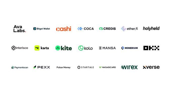 A grid displaying logos of various crypto and fintech companies including Ava Labs, Bitget Wallet, cashi, COCA, CREGIS, ether.fi, holyheld, interlace, karta, kite, KOLO, MANSA, MONERIUM, OKX, Paymentscan, PEXX, Pulsar Money, STARTALE, WASABI CARD, Wirex, and xverse.