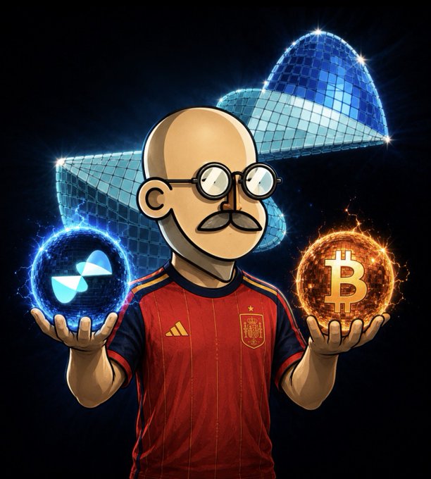 A cartoonish bald man with glasses holds a glowing blue crypto orb and a glowing Bitcoin orb, wearing a red Spain national team jersey with a disco ball hat.