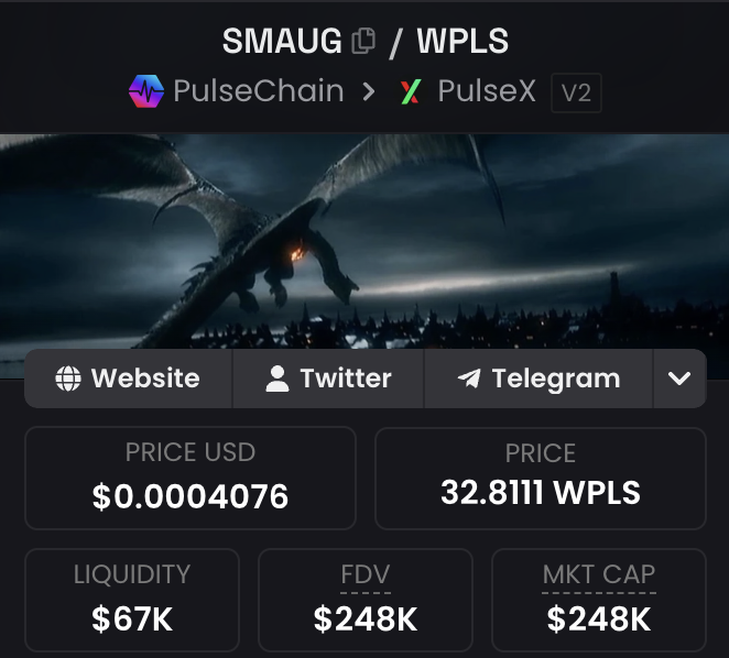 A cryptocurrency information page for 'SMAUG' token on PulseChain/PulseX V2, showing price of $0.0004076 USD / 32.8111 WPLS, with $67K liquidity and $248K market cap, featuring dragon artwork.