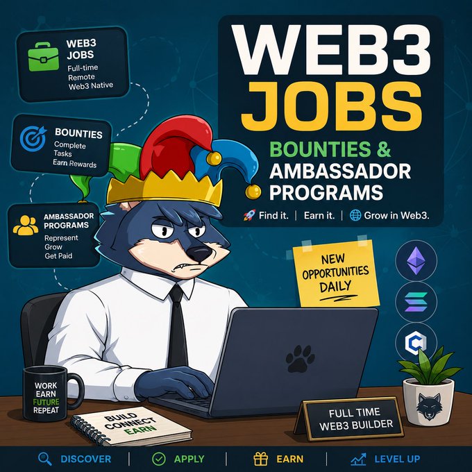 A promotional graphic titled 'WEB3 JOBS BOUNTIES & AMBASSADOR PROGRAMS' features a cartoon wolf character wearing a jester hat and working on a laptop, advertising 'Find it. Earn it. Grow in Web3.'