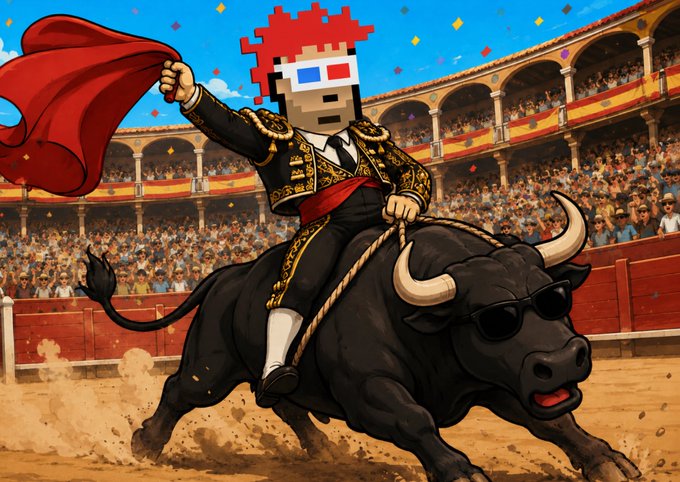 A pixelated matador wearing 3D glasses waves a red cape while riding a sunglasses-wearing bull through a packed bullfighting arena. The image playfully visualizes the NFT bull case by blending traditional collectible culture (bullfighting) with internet-native elements (pixel art, 3D glasses), suggesting that digital-native collectibles are becoming the new cultural grails.
