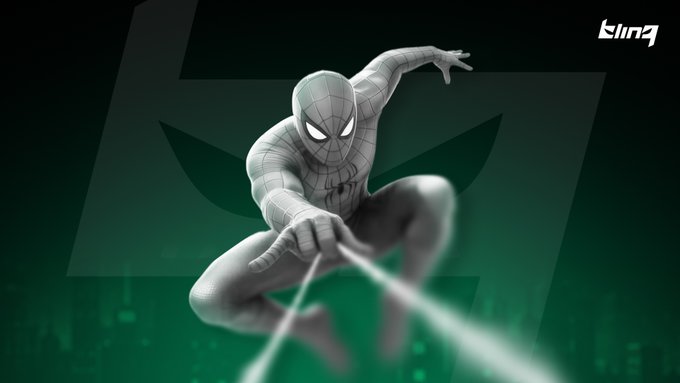 A stylized illustration of Spider-Man in a gray suit shooting webs, set against a green background with a "bling" logo in the top right corner.
