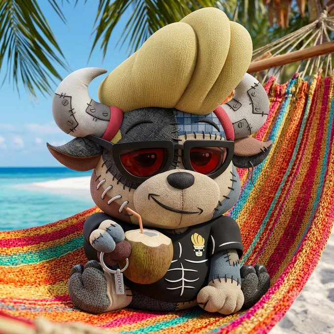 A stitched plush bull character with a blonde mohawk and sunglasses relaxes in a colorful striped hammock on a tropical beach, holding a coconut drink with a tag reading "5000AI." The laid-back scene complements the post's message about BullBearsx being a chill, community-driven Solana NFT ecosystem focused on utility rather than hype.