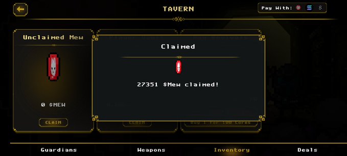 A game interface labeled 'TAVERN' showing '27351 $Mew claimed!' in the Claimed section, with navigation tabs for Guardians, Weapons, Inventory, and Deals.