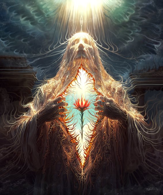 A mystical, ethereal illustration of a hooded figure holding open a glowing, flower-like form with their hands, while radiant light streams down from above their head.