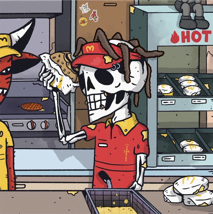 An illustration of a skeleton character wearing a McDonald's-style uniform and cap with dreadlocks, working at a fast-food counter with egg sandwiches displayed on racks.