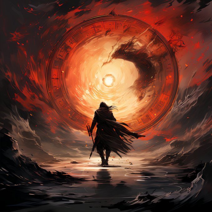 A fantasy digital artwork depicting a cloaked figure holding a sword, facing a massive glowing orange and red portal with a dark dragon silhouette emerging from it.