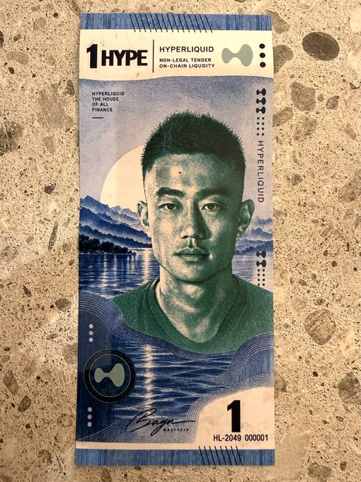 A stylized promotional item resembling a 'HYPERLIQUID 1 HYPE' currency note, labeled 'HYPERLIQUID - NON-LEGAL TENDER ON-CHAIN LIQUIDITY', featuring a portrait of an Asian man against a mountainous landscape background, with the serial number 'HL-2049 000001'.