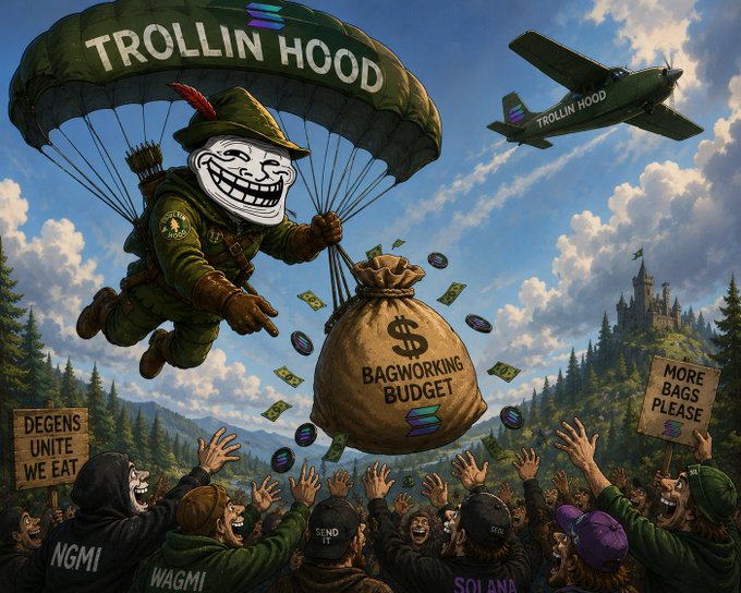 A character wearing a troll face mask parachutes down with a "BAGWORKING BUDGET" sack, dropping money over a crowd of people in a landscape featuring "TROLLIN HOOD" branding and Solana logos. This imagery literalizes the "incoming" caption by depicting a delivery of funds descending upon the crowd.