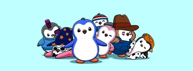A group of cartoon penguins with various accessories like a witch hat, cowboy hat, and sunglasses gather together on a light blue background.