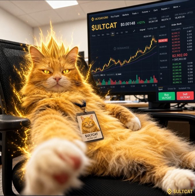 An orange cat with glowing golden energy around it wears an "ULTCAT" badge and sits in an office chair. Behind it, a monitor displays a Binance chart for "$ULTCAT" with a price of "82,902.00".