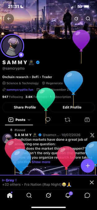 A social media profile page for 'SAMMY' (@samcryptto) showing 947 followers, 3.6K followers, and bio 'Onchain research • DeFi • Trader' with a pinned post about prediction markets.