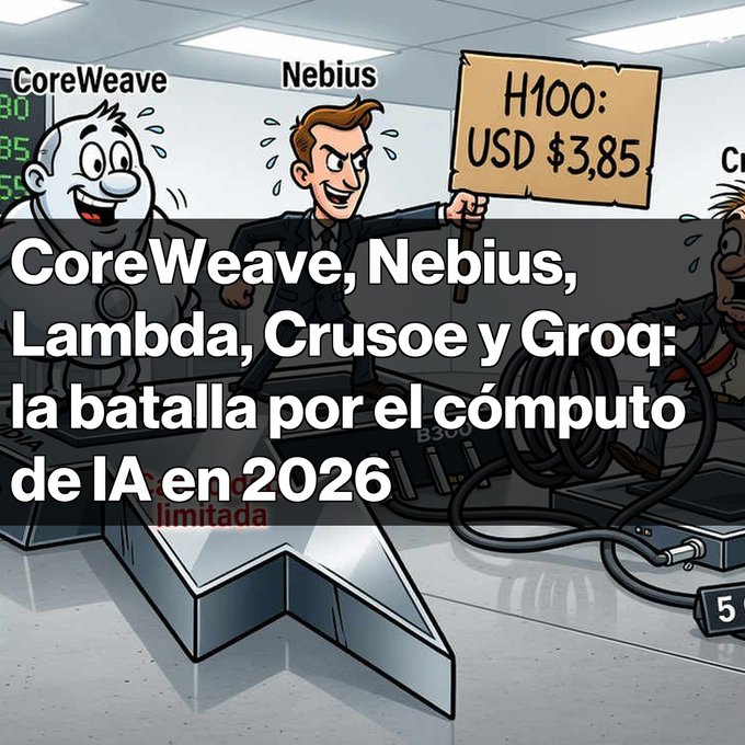 A cartoon illustration depicts characters labeled "CoreWeave" and "Nebius" with a sign reading "H100: USD $3,85," accompanied by Spanish text about the AI compute battle in 2026.