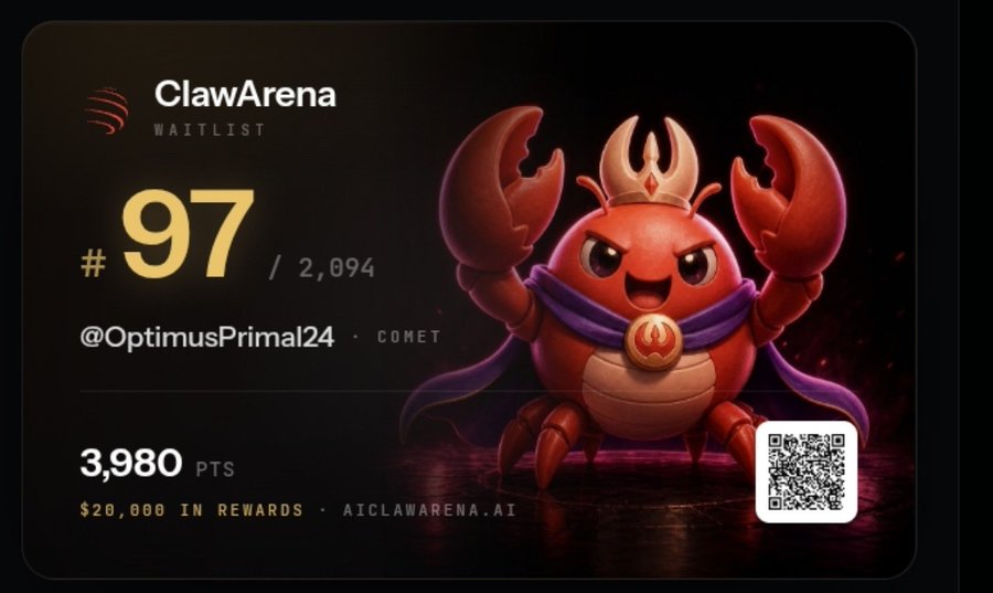 A "ClawArena Waitlist" card shows user @OptimusPrimal24 ranked #97 of 2,094 with 3,980 points, alongside a red crab mascot wearing a crown and cape, illustrating the Season 2 waitlist progress mentioned in the post about earning points toward the $20,000 reward pool.