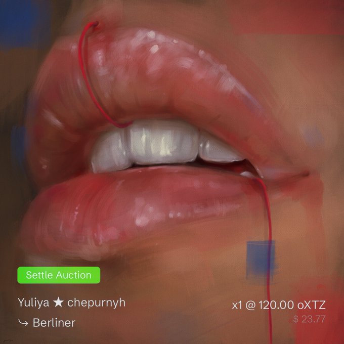 This image captures the settlement of an auction where a painting of lips with red thread, created by Yuliya ★ chepurnyh, was sold to Berliner for 120.00 oXTZ.