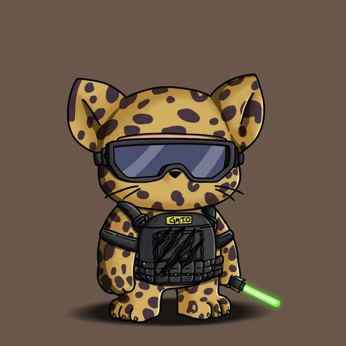 Digital illustration of a cartoon leopard character wearing tactical goggles and a vest labeled 'GATO', holding a green lightsaber against a brown background.